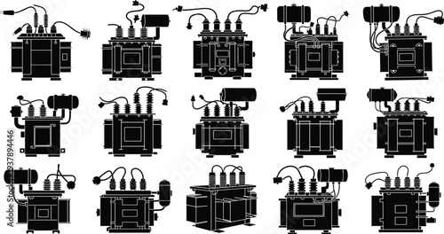 Industrial High Voltage Electrical Transformer Silhouette Set for Power Grid Infrastructure Energy Distribution Engineering Utilities Electricity Supply 
