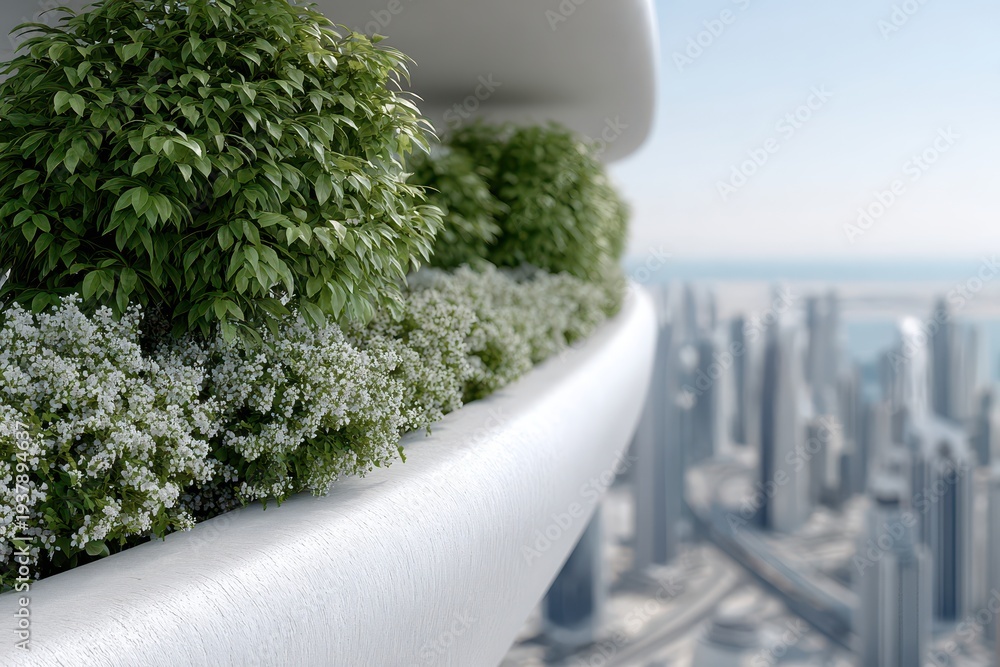 Obraz premium Modern architecture featuring lush green plants and flowers on a high-rise balcony, overlooking a blurred cityscape, offering a blend of nature and urban design.