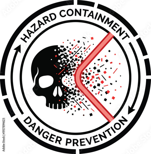 Hazard containment symbol with skull fragmentation and red barrier warning