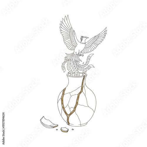 Bird with outstretched wings perched on a cracked eggshell standing on a white background symbolizing freedom rebirth and fragility