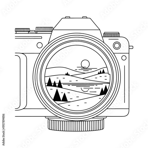 Modern camera lens showcasing a serene mountain landscape with trees and a sun minimalist design black and white illustration