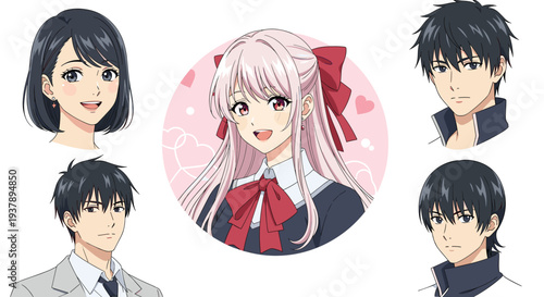 Montage of anime style characters featuring four boys and one girl in the center with a romantic heart background.