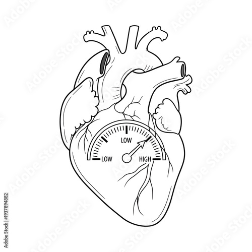 Human heart illustration with pressure gauge showing low and high measurements monochromatic medical artwork