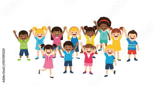 Large group of happy diverse children standing together with their arms raised in excitement against a plain white background.