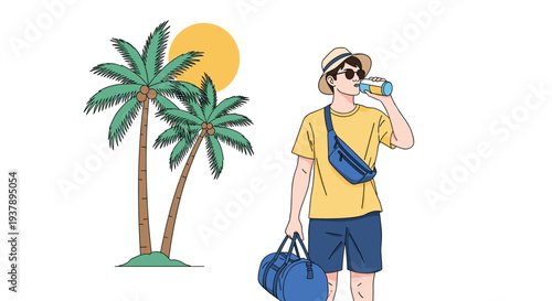 Young man in summer outfit drinking water while standing near palm trees and a bright yellow sun during a tropical vacation.
