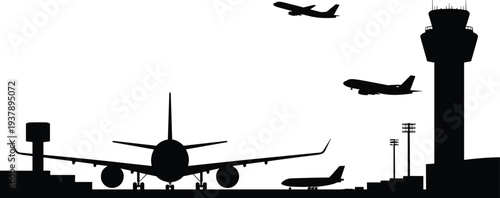 Airport airplane silhouettes, aviation travel scene with control tower aircraft transportation illustration isolated background design