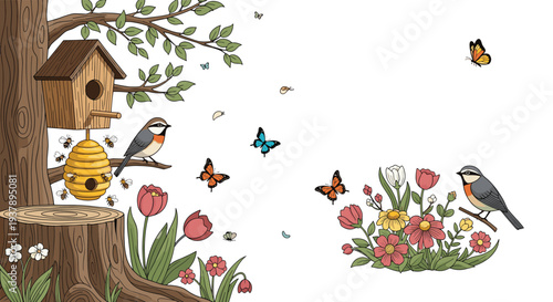 Spring garden scene with blooming flowers, birds, butterflies, a beehive, and a birdhouse on a tree stump in a detailed line art style.