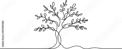 Continuous one line plant growth tree outline vector art drawing, Single line drawing of a plant. Editable stroke