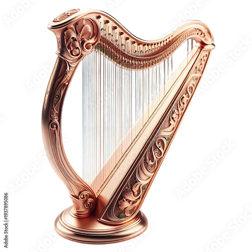 Elegant copper harp with intricate carvings and shimmering strings, a symbol of classical music and artistry.