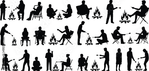 Campfire people silhouettes collection, outdoor camping roasting marshmallows fire activity illustration set design concept lifestyle