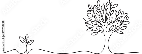 Continuous one line plant growth tree outline vector art drawing, Single line drawing of a plant. Editable stroke