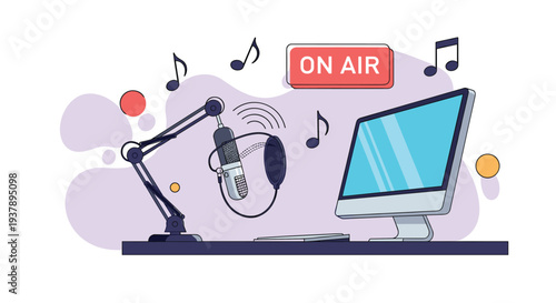 Professional podcasting or radio studio setup with a microphone, monitor, music notes, and a glowing red On Air sign on a desk.