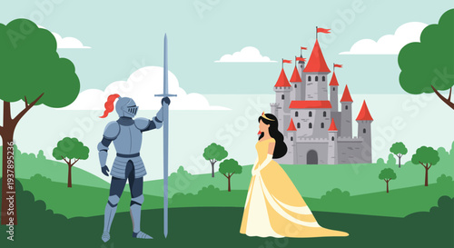 Medieval scene showing a brave knight in armor standing before a beautiful princess with a majestic castle in the background landscape.