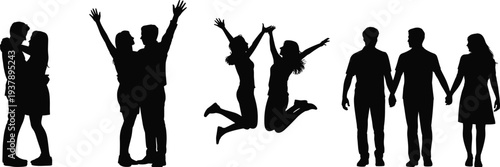 Happy couples silhouette set, romantic relationships hugging jumping and holding hands isolated vector illustration collection