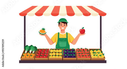 Happy vendor standing behind a market stall filled with fresh fruits and vegetables under a red and white striped awning.