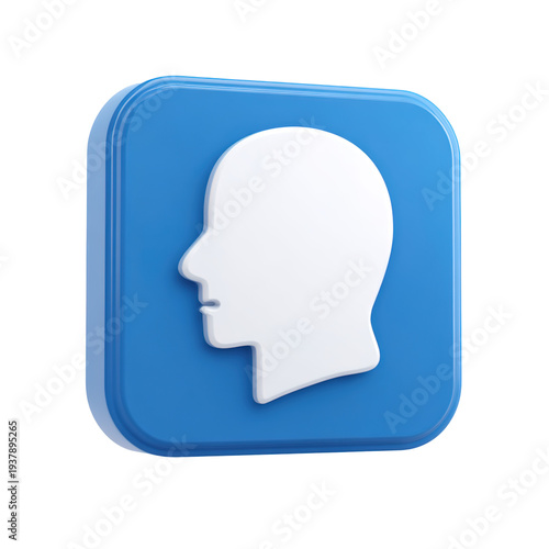 Blue square button with white human head profile icon for user transparent background
