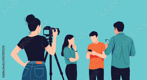 Film crew and actors on a production set with a professional camera operator filming a group of young people against a blue backdrop.