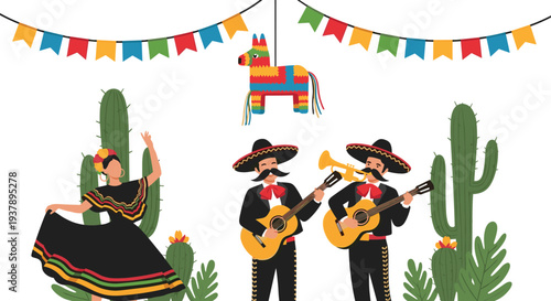 Traditional Mexican celebration featuring mariachi musicians and a dancer near a pi�ata and cactus plants in a festive outdoor setting.