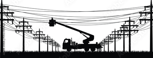 Utility worker repairing power lines with bucket truck silhouette, electrical maintenance on high voltage poles isolated on white background for energy industry concept