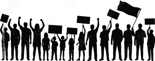 Protest crowd silhouettes illustration, people holding banners and flags isolated on white background design