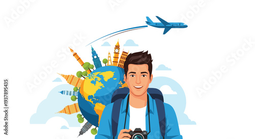 Young man with a camera and backpack traveling around the world with famous landmarks on a globe and an airplane in the sky.