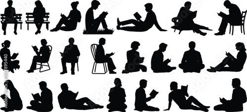 Reading people silhouette set, sitting studying book readers collection isolated education activity illustration design concept
