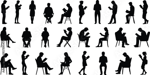 Reading people silhouettes collection, seated and standing readers with books isolated illustration set for education design