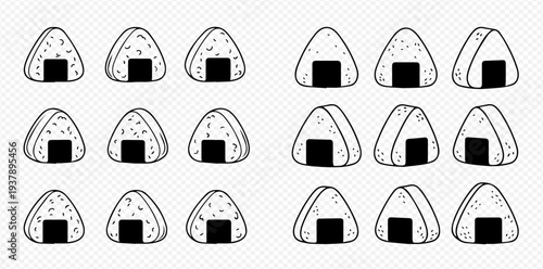 Onigiri doodle hand drawn illustration set, Japanese rice ball sketch collection.