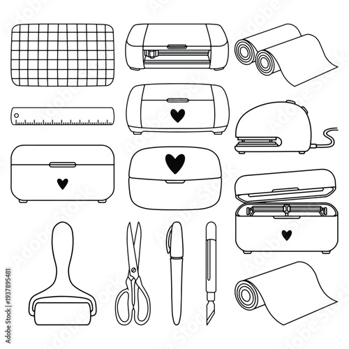 Crafting Tools Line Art Set, Cutting Machine and DIY Supplies Outline Icons