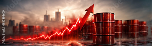 Soaring Oil Prices: Towering oil drum silhouette against a city skyline, pierced by a vivid red arrow soaring upwards, symbolizing rising prices and economic shifts.