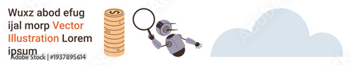 Technology, finance, artificial intelligence, data analysis, cybersecurity, future economy. Robot with magnifying glass inspecting coins and a cloud. Technology and finance conceptual visualization