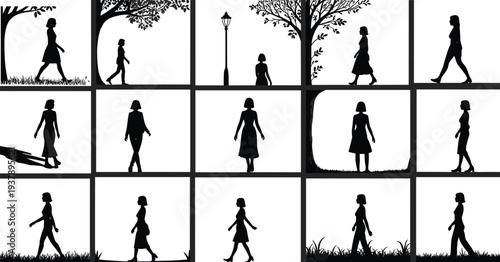 Woman life stages silhouettes, female aging progression timeline illustration showing growth maturity and lifestyle evolution concept