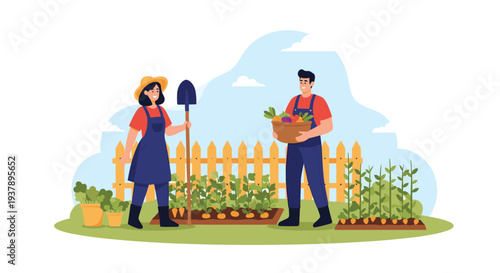 Male and female gardeners wearing aprons and hats working in a vegetable field with fence and clouds.