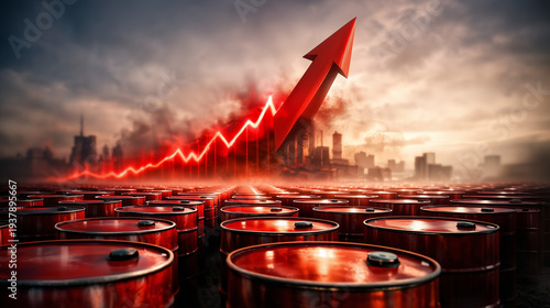 Oil price soaring: Symbolic image depicting the rise in oil prices with barrels, a red arrow, and a cityscape.