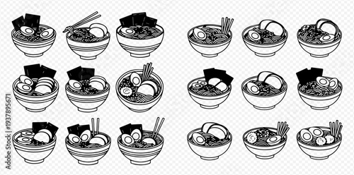 Set of various ramen bowls with different toppings, black and white vector illustration.
