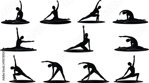 Yoga pose silhouettes, fitness stretching exercises collection showing flexible body balance wellness training illustration set