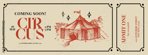 Hand drawn retro circus show ticket design. Vintage sketch vector illustration. Carnival and amusement background