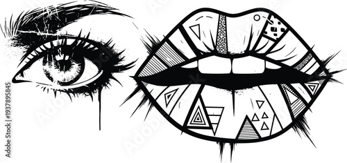 Vector Illustration Featuring a Detailed Female Eye with Long Lashes and Artistic Lips with Geometric Patterns and Grunge Texture for Fashion and Beauty Designs.