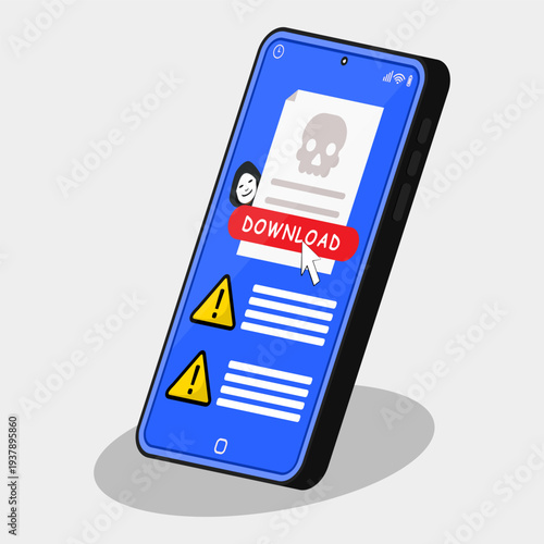Smartphone screen showing malicious download with hacker icon and warning alerts, representing malware infection, phishing attack, and cybersecurity risk in mobile technology.
