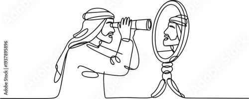 Drawing of arab man holding telescope looking into self in mirror. Single line art style. Editable stroke