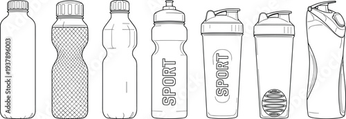 Vector line art illustration set of sports water bottles and shaker cups for gym fitness hydration protein supplements and outdoor activities isolated on white.