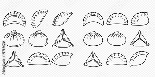 Set of hand-drawn line art illustrations of various traditional Asian dumplings and buns on a transparent background.