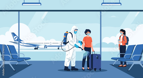 Health worker in protective suit disinfecting airport waiting area and luggage while travelers wearing face masks stand nearby during pandemic.