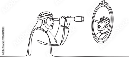 Drawing of arab man holding telescope looking into self in mirror. Single line art style. Editable stroke