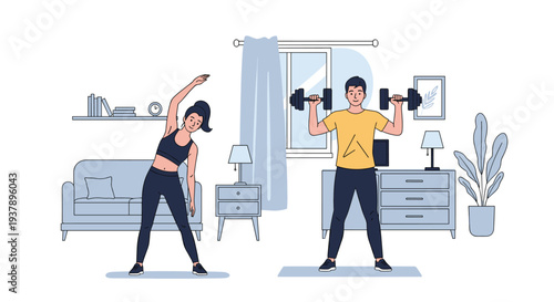 Young couple practicing fitness and weightlifting together in their living room at home to maintain a healthy lifestyle during daily workout.