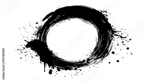 Abstract Black Ink Circle Brush Stroke With Splatter, Grunge Ring Vector