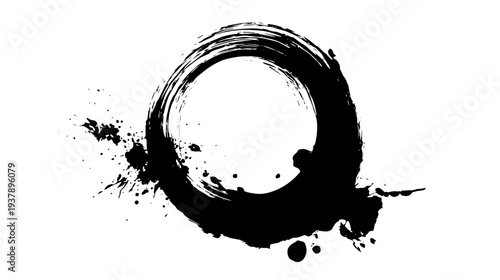 Abstract Black Ink Circle Brush Stroke With Splatter, Grunge Ring Vector