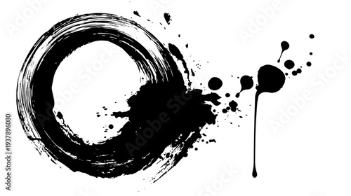 Abstract Black Ink Circle Brush Stroke With Splatter, Grunge Ring Vector