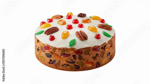 Fruitcake with white icing and colorful decorations on