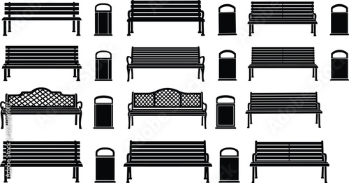 Vector set of black silhouettes featuring various park bench designs and outdoor trash cans for public garden landscape architecture and urban street furniture design.